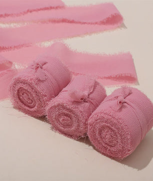 Handgemaakte Satijn Chiffon Lint Set - 3 Rollen van 5m met Rafeleffect voor Bruiloft, Cadeau & DIY Decoratie