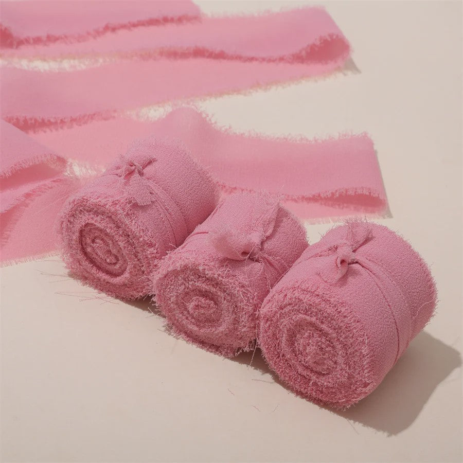Handgemaakte Satijn Chiffon Lint Set - 3 Rollen van 5m met Rafeleffect voor Bruiloft, Cadeau & DIY Decoratie