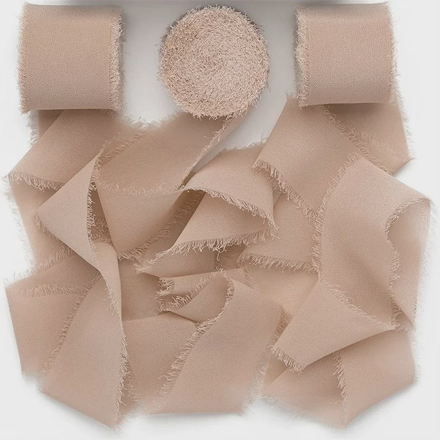 Handgemaakte Satijn Chiffon Lint Set - 3 Rollen van 5m met Rafeleffect voor Bruiloft, Cadeau & DIY Decoratie
