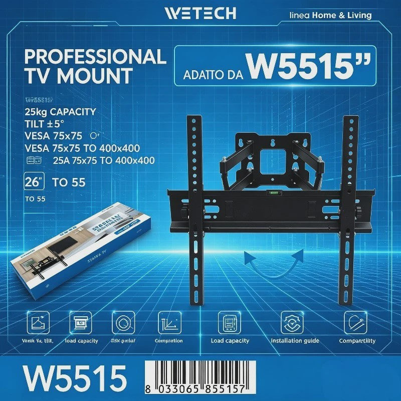 WETECH W5515 TV Muurbeugel: Volledig Beweegbaar voor 26-55 Inch TV's, 25kg Draagkracht, Kantelbaar & VESA Compatibel