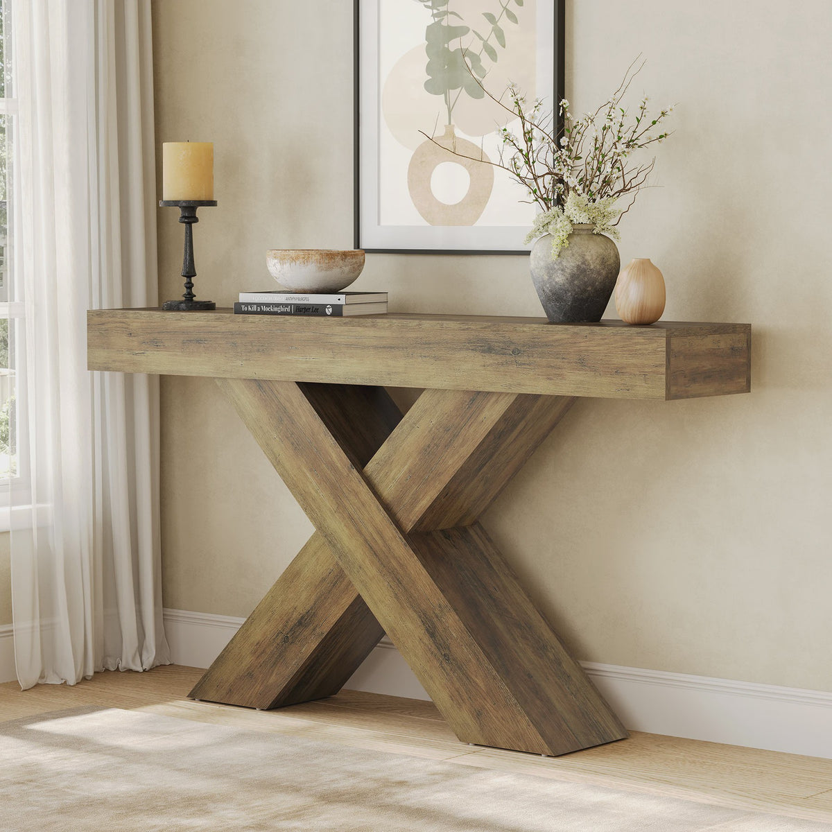 Tribesigns Console Tafel 140 cm Landelijke Stijl Achterbank Tafel met X-vormig Onderstel