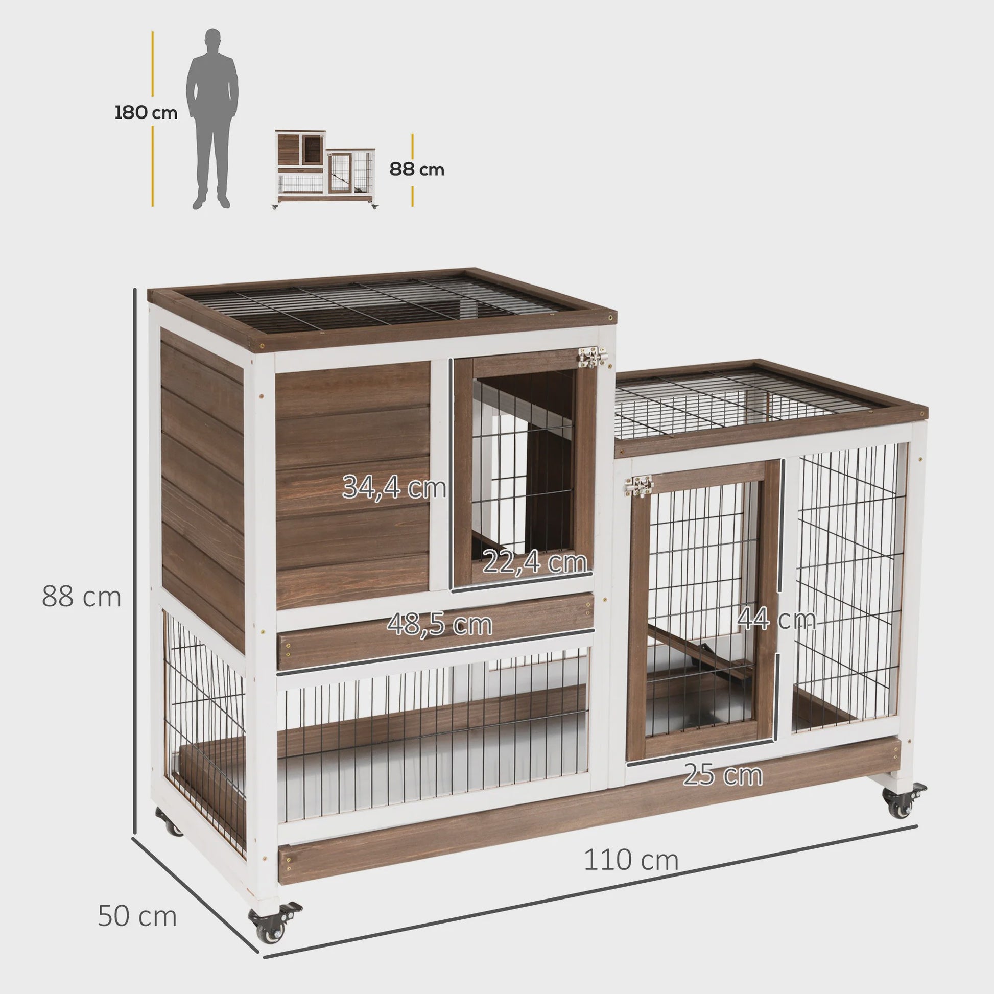 Houten Konijnenhok met Wielen - 2 Verdiepingen, Binnenhok met Ren en Uitneembare Lades - Grijze Kleur
