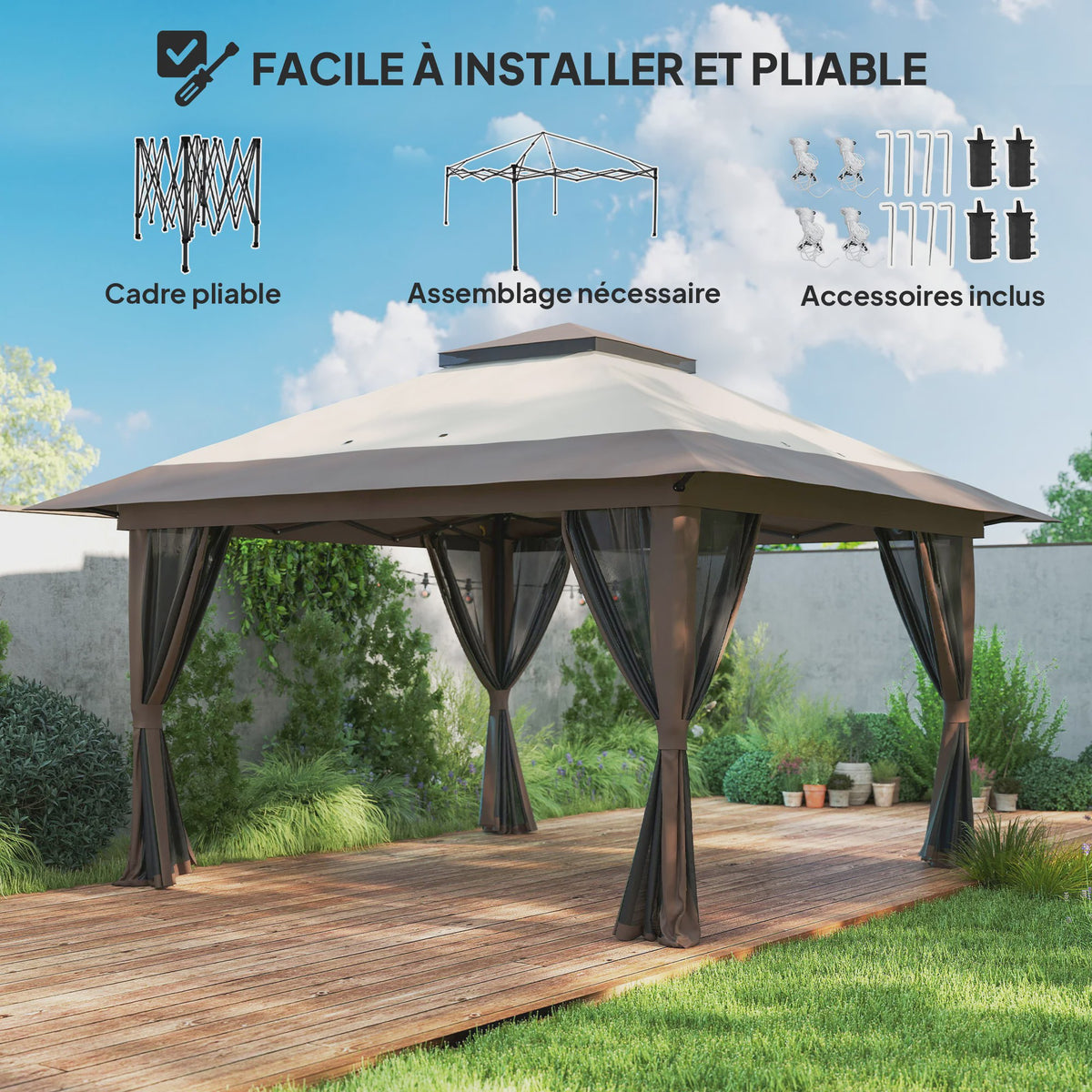 Outsunny Pop-Up Tonnelle 4x4m Beige - Dubbel Dak, UV-bescherming 50+ & Muggennetten