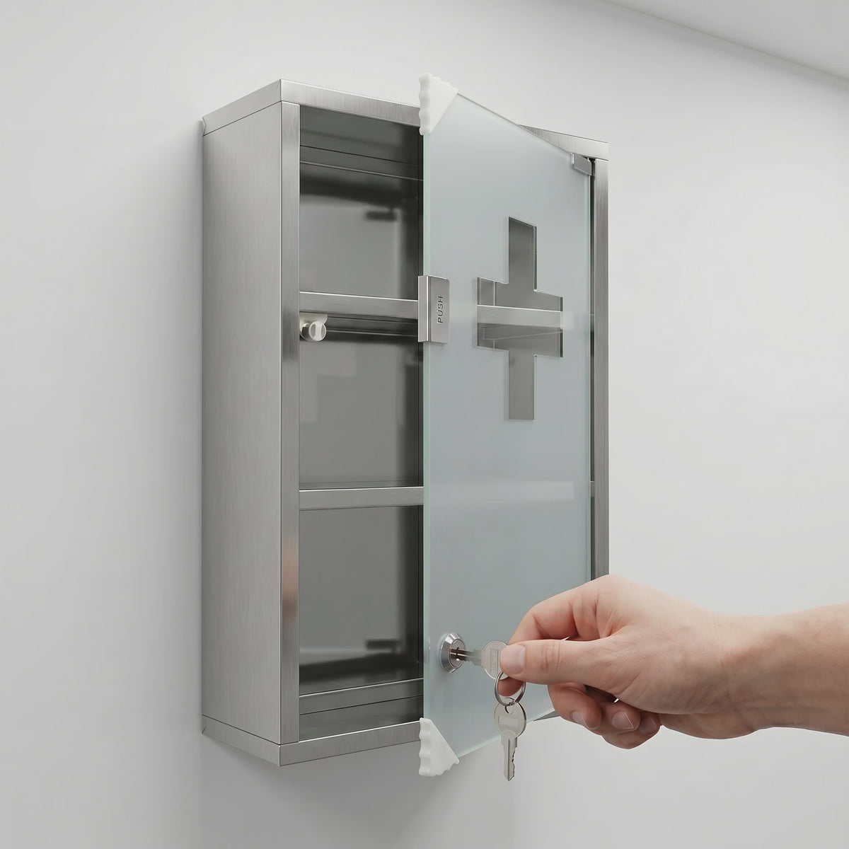 Wandmedicijnkast RVS Met Slot en Matglas Deur - Verstelbare Planken