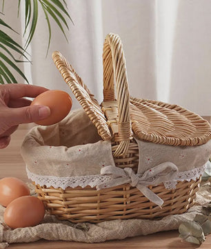 Handgemaakte Riet Picknickmand met Deksel en Handvat - Willow Woven Opbergmand