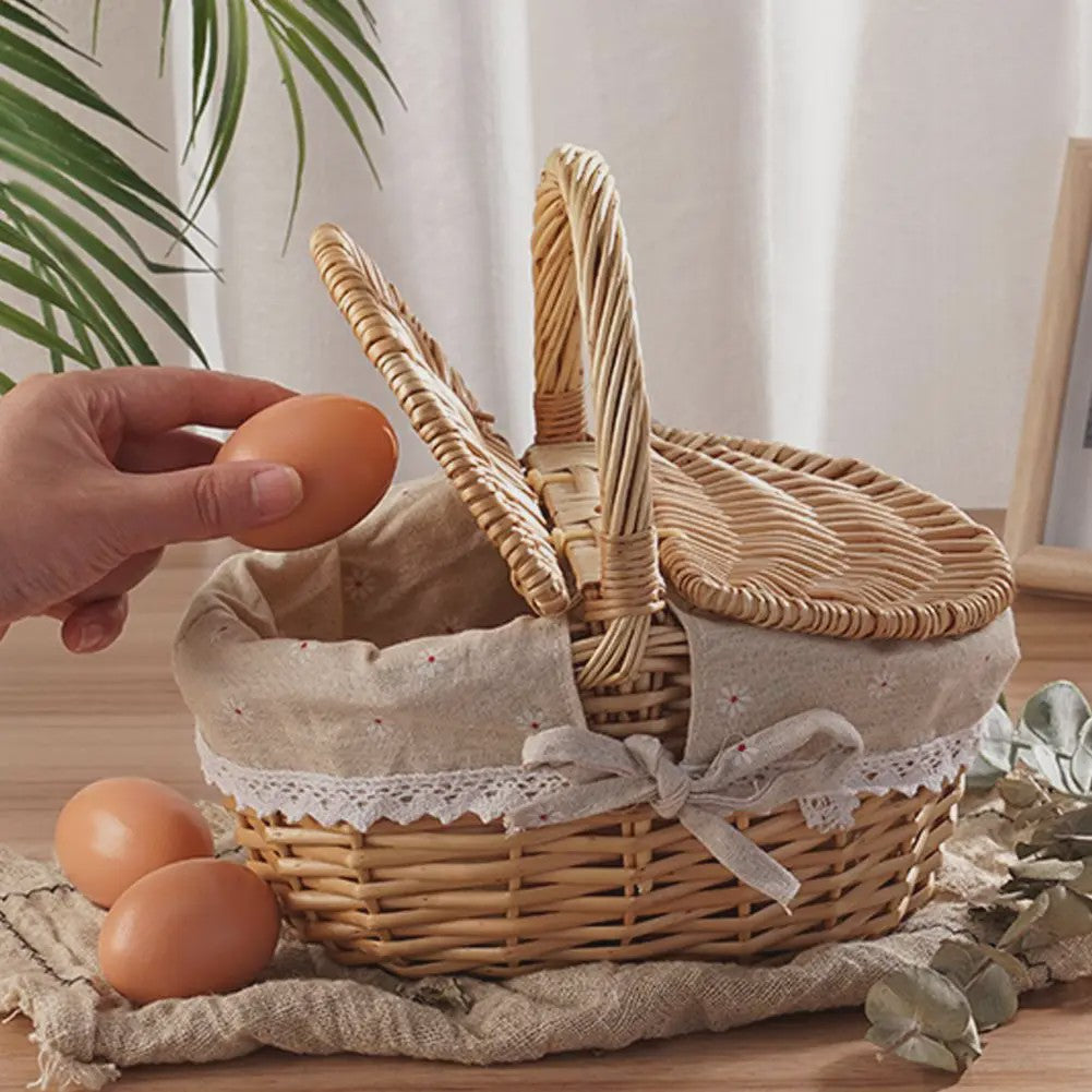 Handgemaakte Riet Picknickmand met Deksel en Handvat - Willow Woven Opbergmand