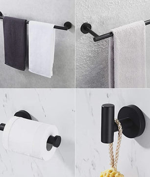 Zwarte RVS Wandmontage Set: Handdoekrek, Toiletrolhouder & Haakjes - Complete Badkamer Accessoires
