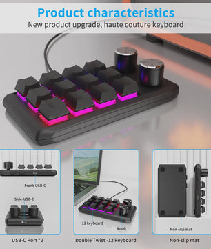 Programmeerbaar Mini Macrotoetsenbord met 2 Knoppen, RGB & Bluetooth