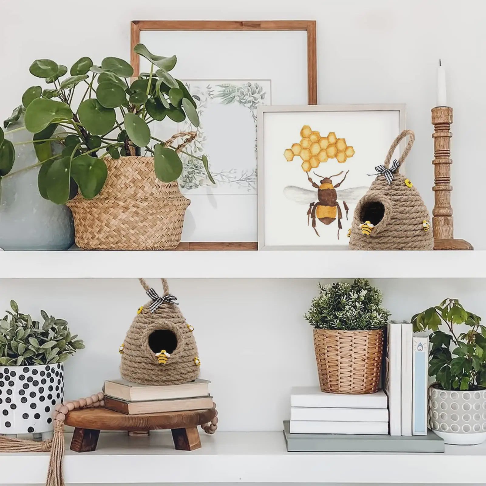 Rustieke Bijenkorf Decoratie - Handgeweven Touw met Bijenfiguurtjes