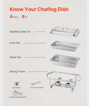 RVS Chafing Dish Buffet Set 8Qt - 4 of 6 Stuks - Catering Warmer met Deksel