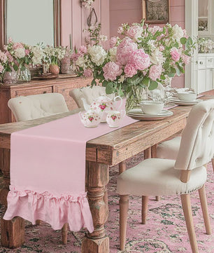 Romantische Katoenen Tafel Runner met Ruches - Perfect voor Feesten, Bruiloften & Decoratie