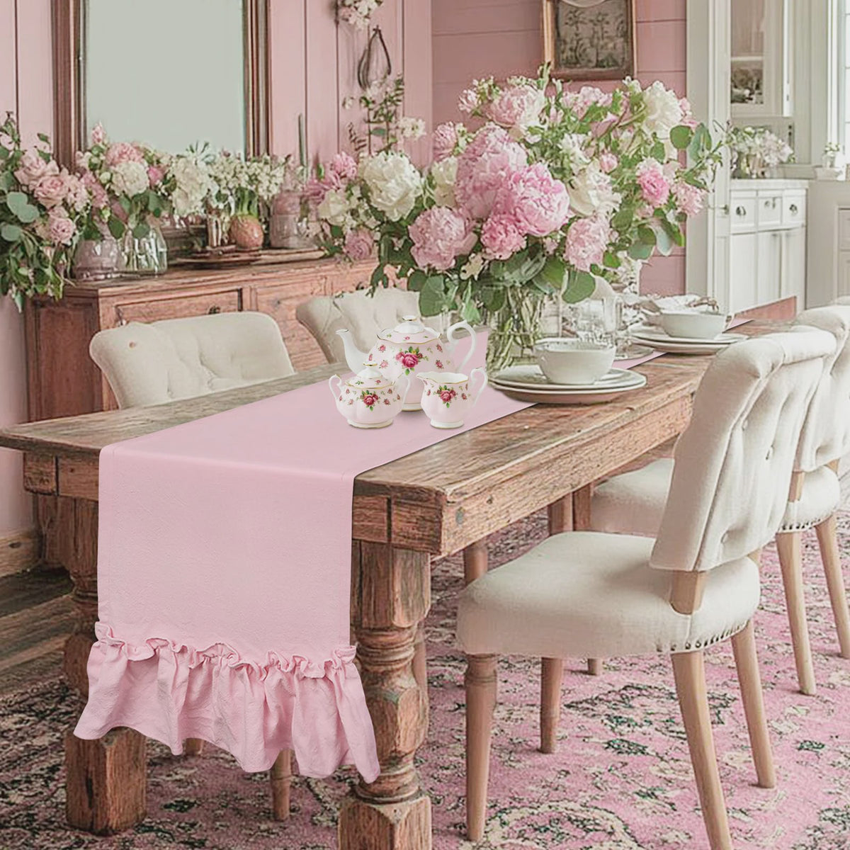 Romantische Katoenen Tafel Runner met Ruches - Perfect voor Feesten, Bruiloften & Decoratie