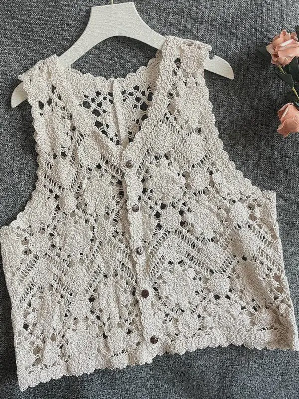 Gehaakt Vest Dames met Bloemen Borduurwerk - Zomer Boho Festival Cardigan