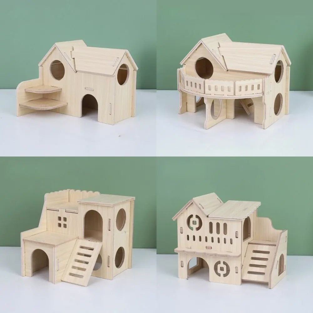 Houten Hamster Villa: Speelhuis met Klimplatform en Verhoogd Platform - Duurzaam Knaagdier Accessoire
