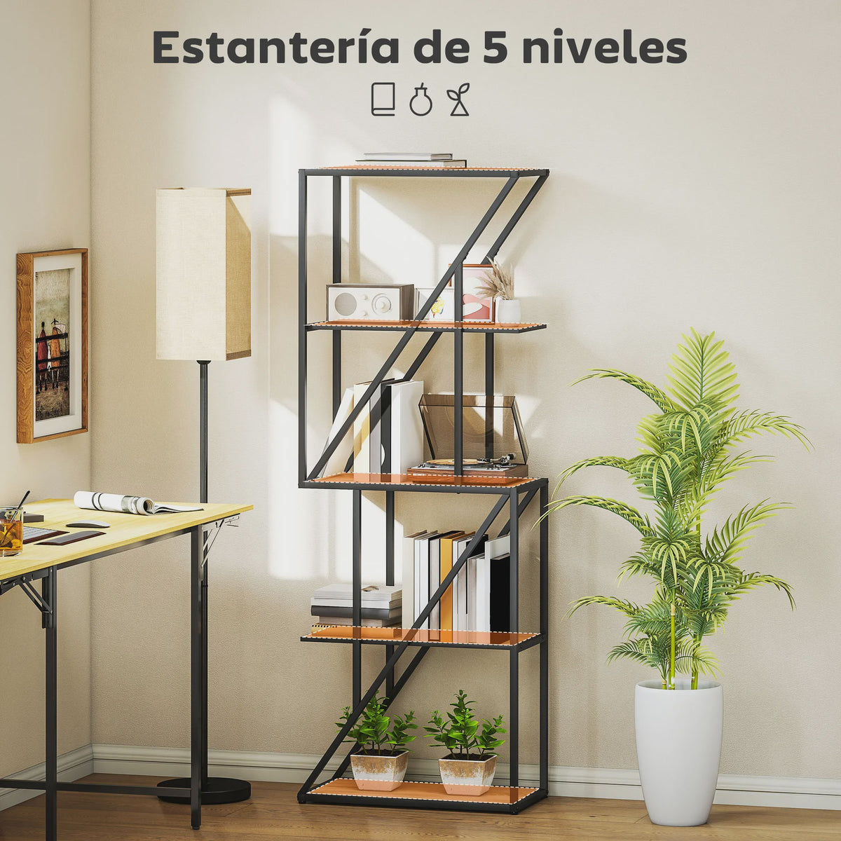 Industriële Boekenkast 5 Lagen met Open Planken en Stalen Frame - 60x30x165 cm Eikenlook