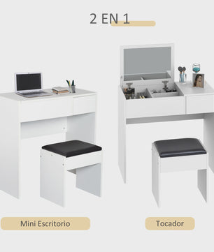 Kaptafel met Spiegel en Kruk - Make-up Tafel met Opbergruimte