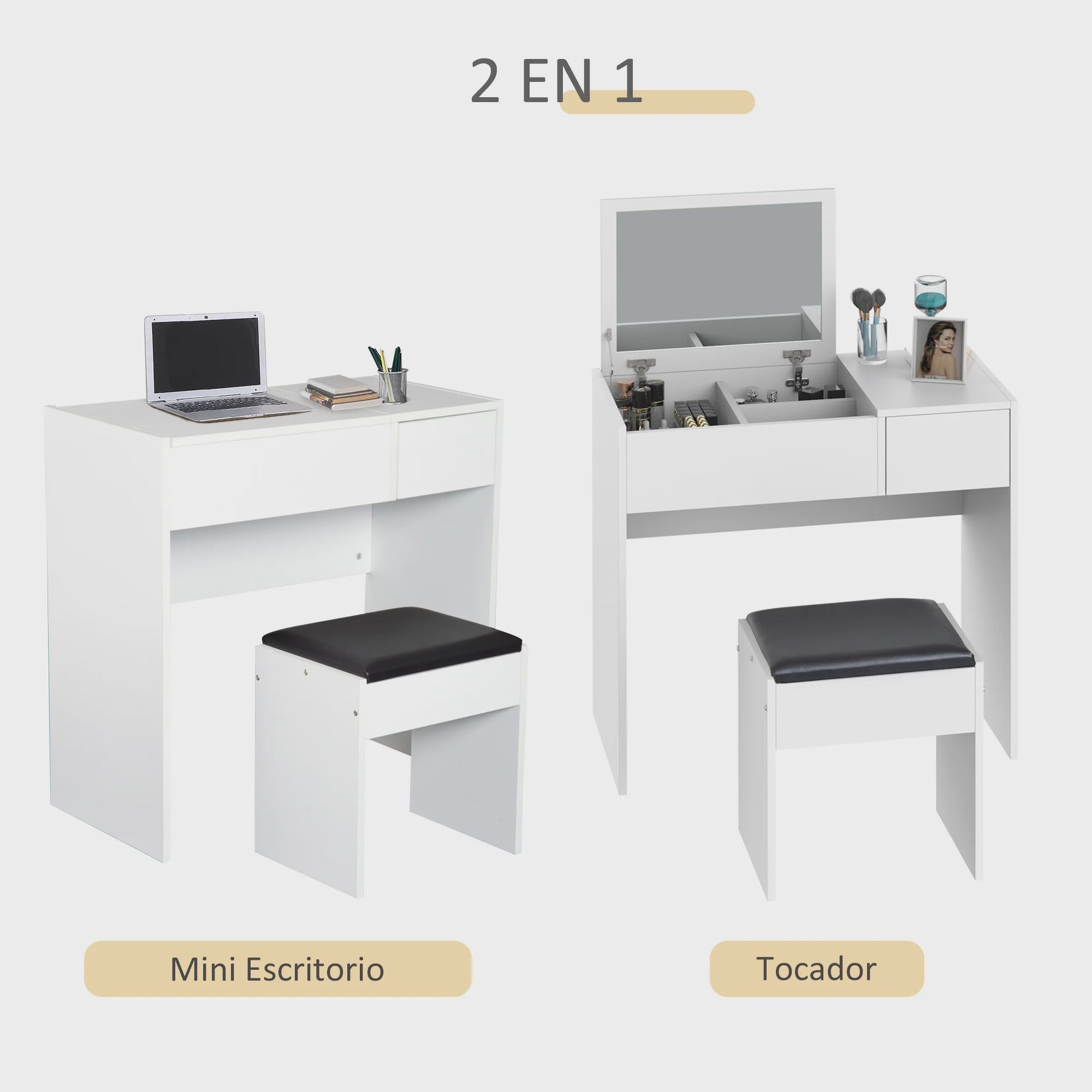 Kaptafel met Spiegel en Kruk - Make-up Tafel met Opbergruimte