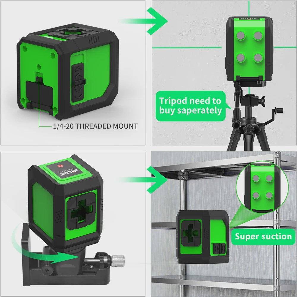 HILDA Groene Laserwaterpas met 2 Lijnen, Magnetische Bevestiging en Kruislaser