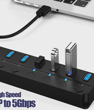 USB 3.0 Hub met 7 Poorten en Individuele Schakelaars - Uitbreidingsstation voor PC en Laptop