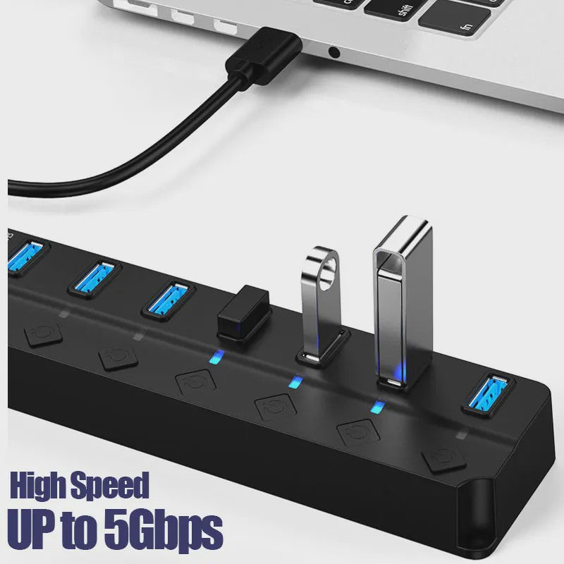 USB 3.0 Hub met 7 Poorten en Individuele Schakelaars - Uitbreidingsstation voor PC en Laptop