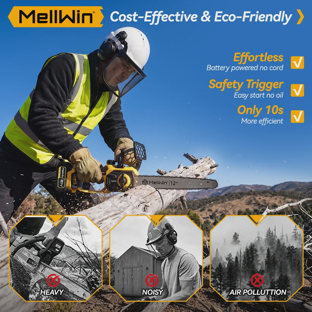 Mellwin 12-Inch Accu Kettingzaag - Krachtig 3000W Brushless, Automatische Olie Systeem