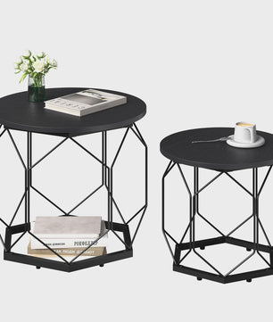 Set van 2 Ronde Bijzettafels met Opbergruimte - Stijlvolle Koffie- en Salontafels voor de Woonkamer met Metaal Frame en Hout