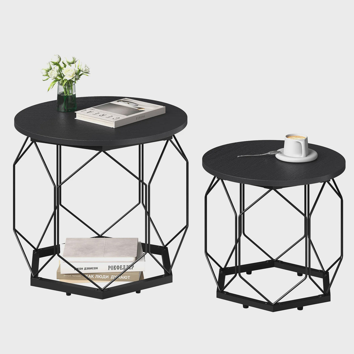 Set van 2 Ronde Bijzettafels met Opbergruimte - Stijlvolle Koffie- en Salontafels voor de Woonkamer met Metaal Frame en Hout