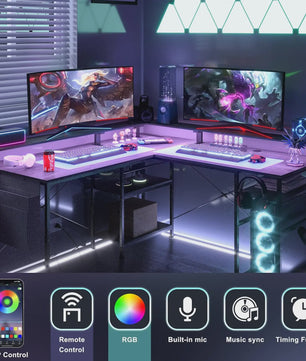 L-Vormig Bureau met RGB LED, USB & Stopcontacten - Grijze/Zwarte Gaming Werkplek