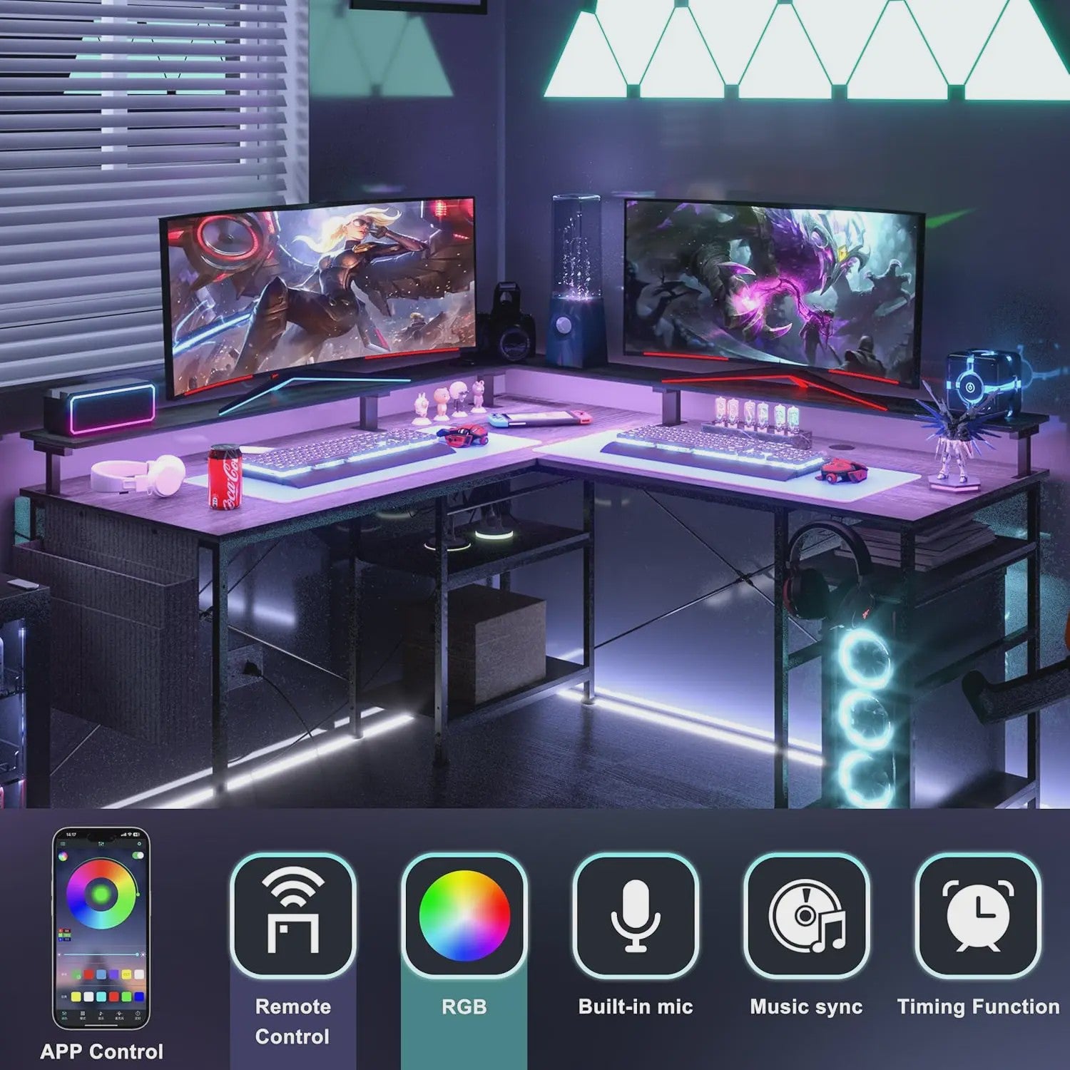 L-Vormig Bureau met RGB LED, USB & Stopcontacten - Grijze/Zwarte Gaming Werkplek