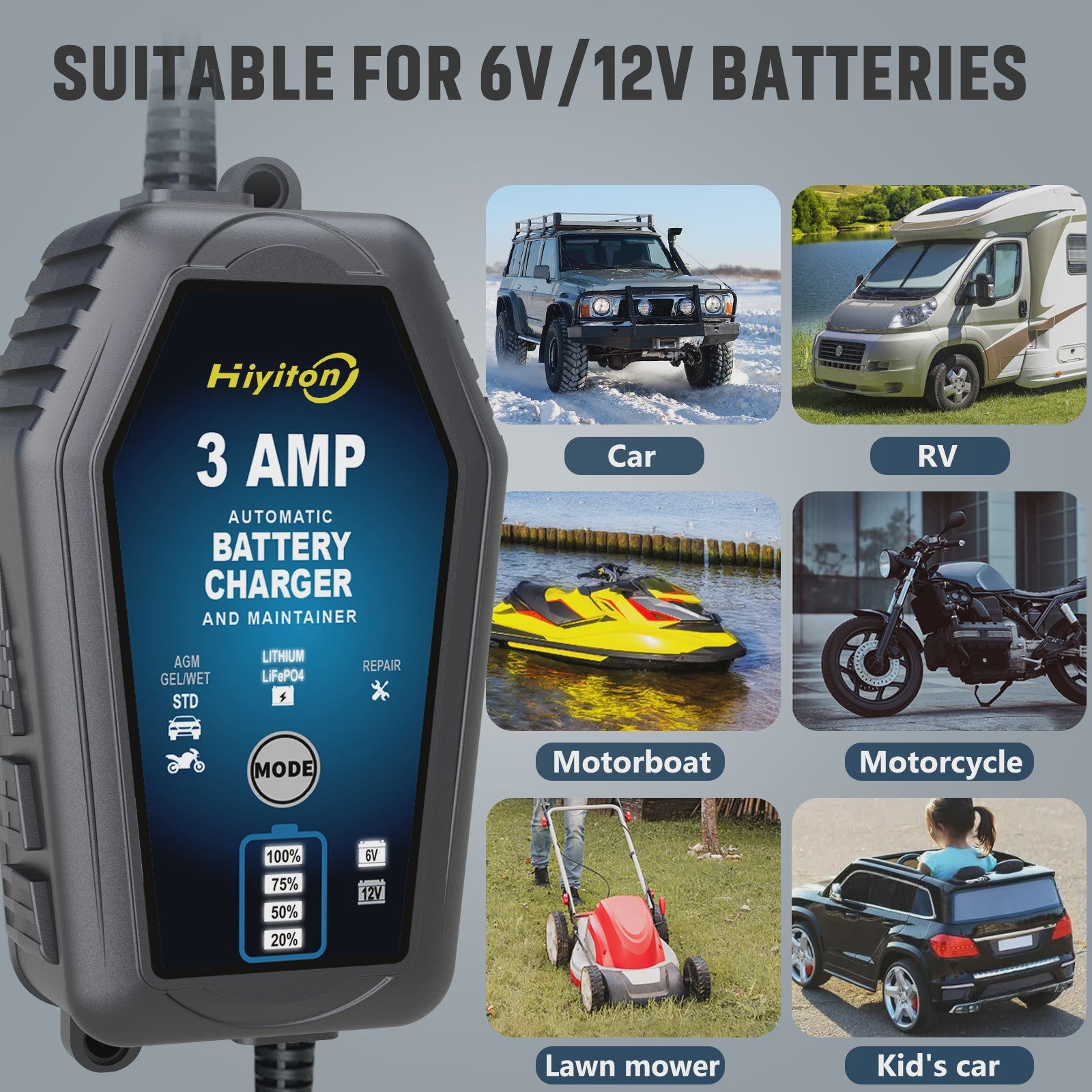 Slimme Acculader 6V/12V 3A voor Auto, Motor & Lithium Batterijen - Onderhoud & Reparatie