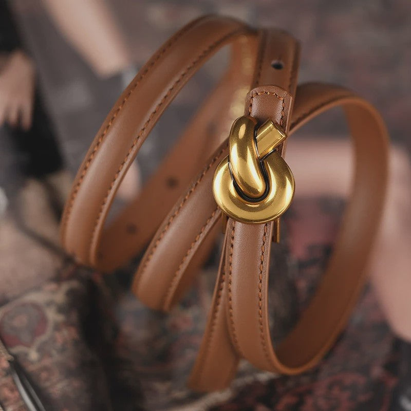 Dames Riem Echt Leer met Gouden Knoop Gesp - Stijlvol voor Jurken & Jeans