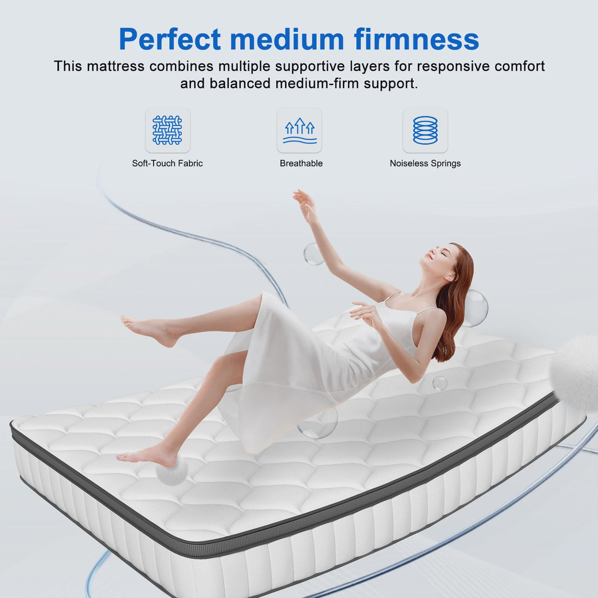 AUTHMIC Pocketvering Matras - 7-Zone Adaptieve Ondersteuning, 25cm Dik, Ademend & Huidvriendelijk, Medium Stevig