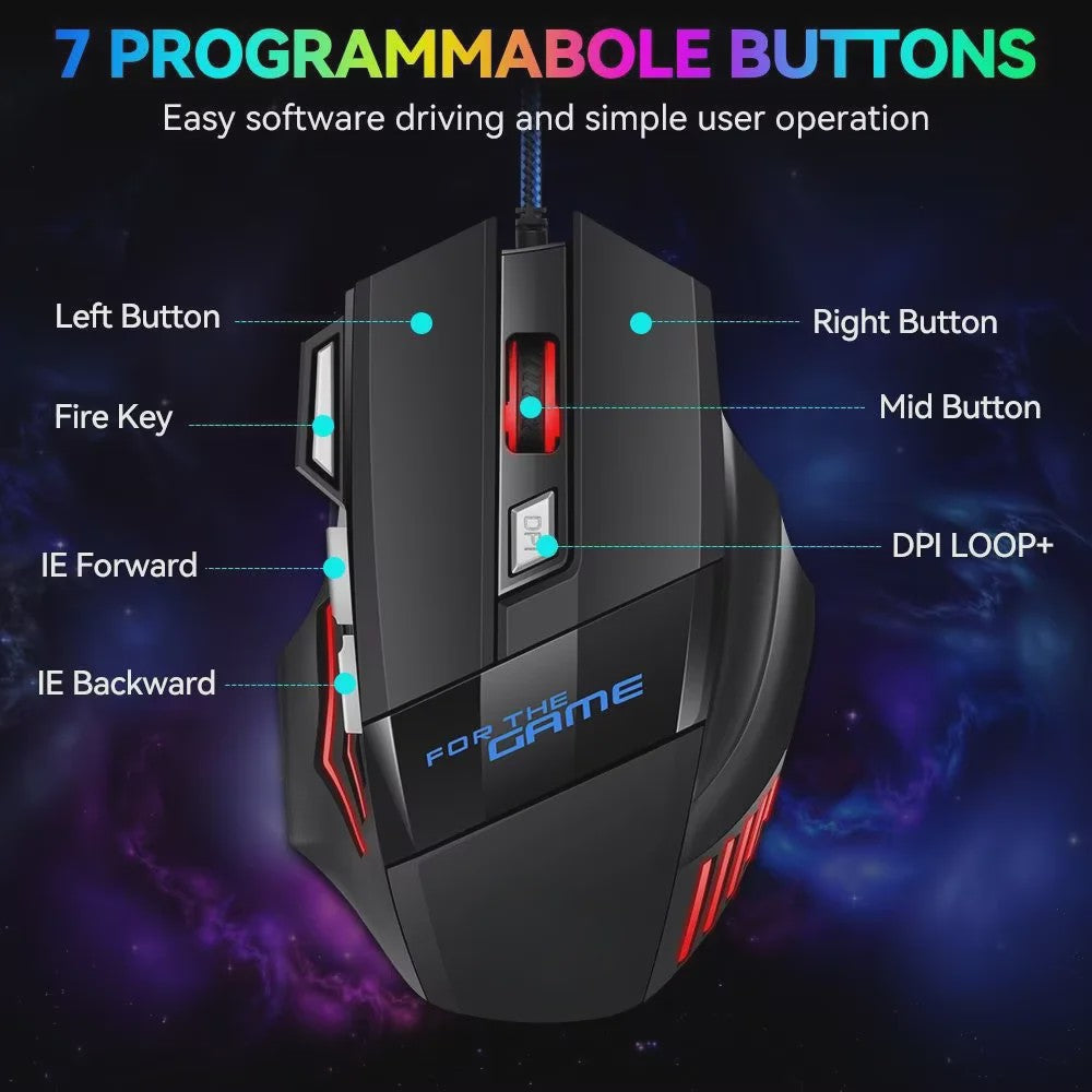 Ergonomische Gaming Muis met RGB Verlichting - 7 Knoppen, Bedraad, Plug & Play