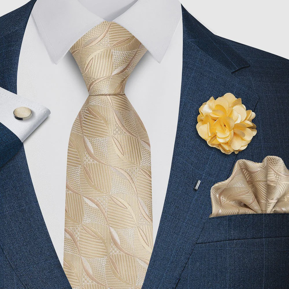 Luxe Heren Set: Paarse Paisley Stropdas, Manchetknopen, Pochet & Boutonnière - 8cm Breed
