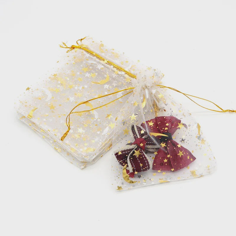 50x Organza Cadeauzakjes met Maan & Sterren - Wit met Goud - Ideaal voor Sieraden, Snoep & Feestelijke Gunsten
