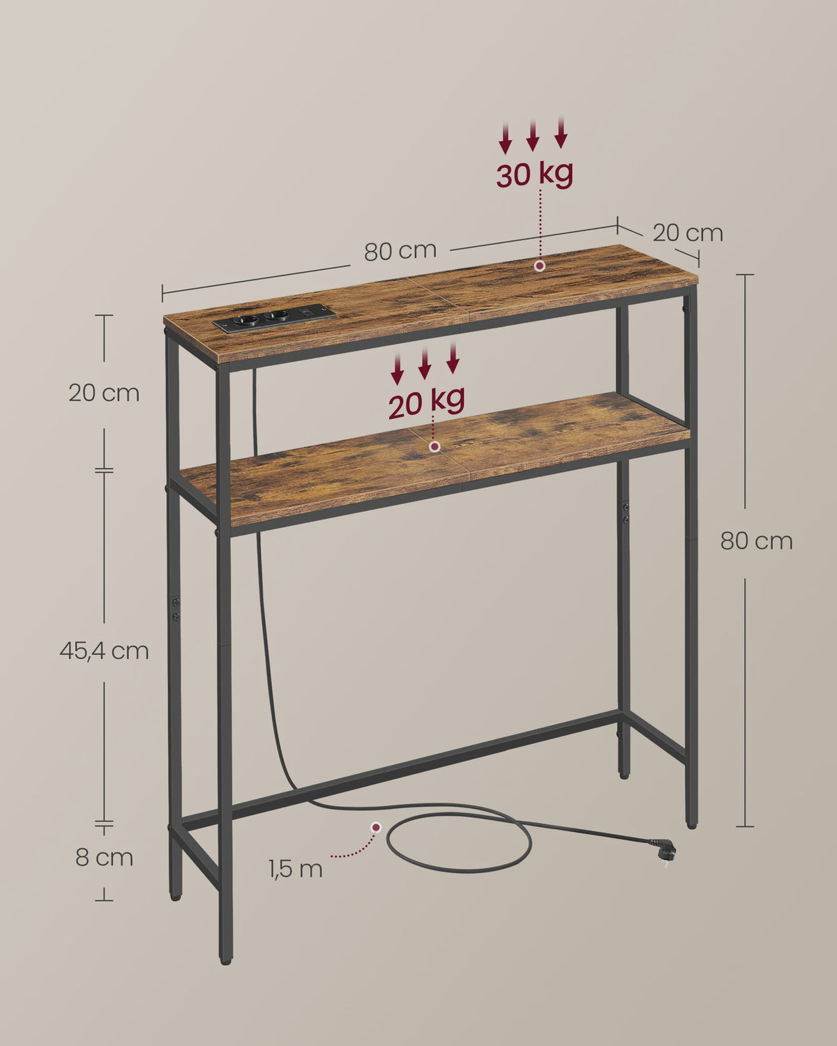 VASAGLE Console Tafel met 2 Planken & Laadstation - 80x20x80 cm - Hal & Woonkamer