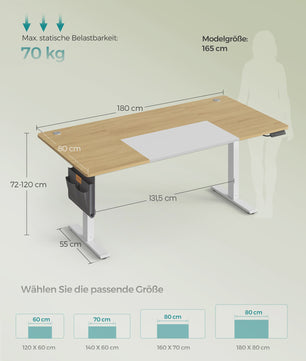 SONGMICS Elektrisch In Hoogte Verstelbaar Bureau 180x80 cm met USB-C en Geheugenfunctie