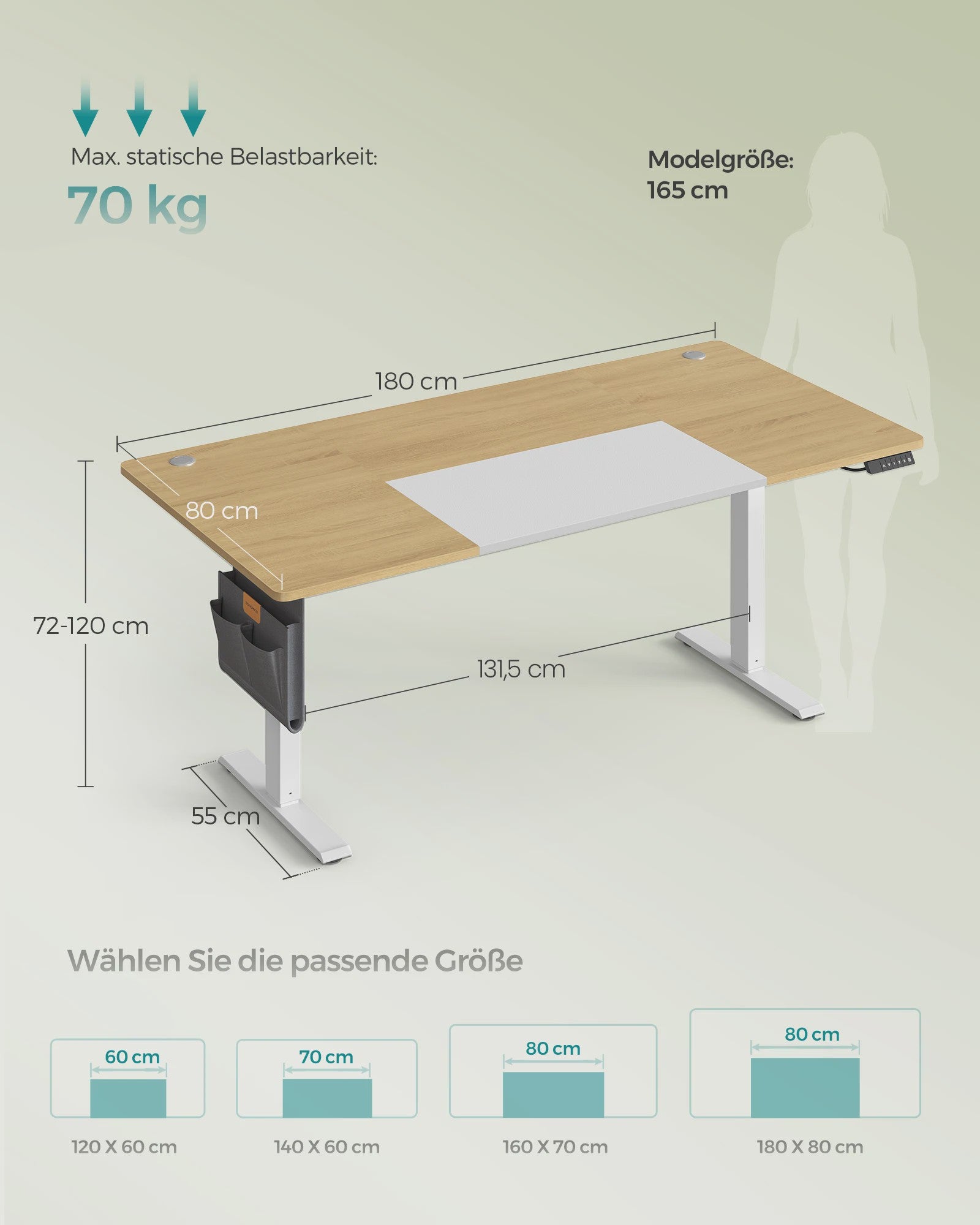 SONGMICS Elektrisch In Hoogte Verstelbaar Bureau 180x80 cm met USB-C en Geheugenfunctie