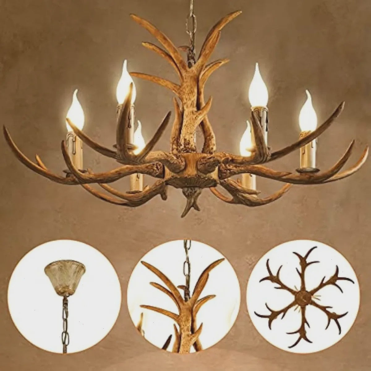 Luxe Herten Gewei Kroonluchter - 6-Lichts Hanglamp met E14 Fitting