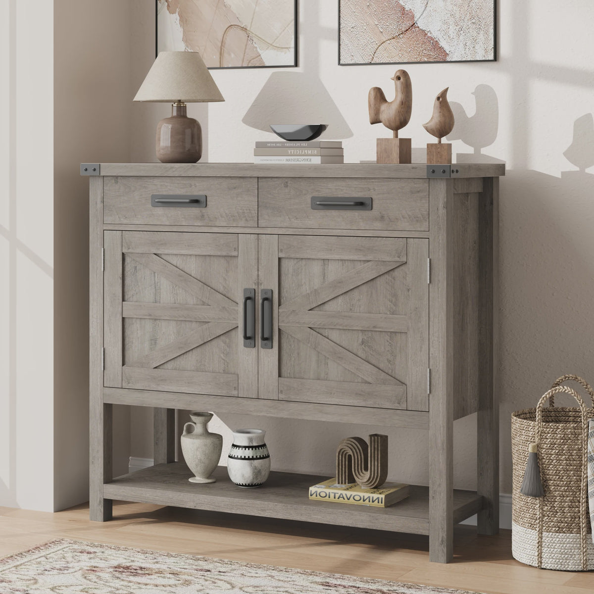 Moderne Landelijke Console Tafel met Koffiebar - 2 Lades, 2 Deuren & Open Plank