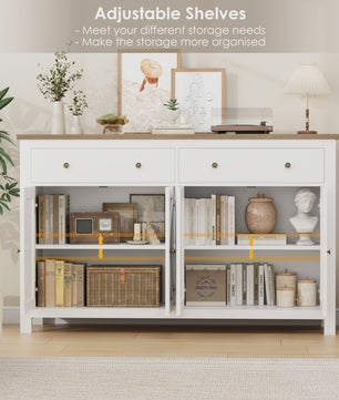 Stijlvol Wit Dressoir 140cm met Houten Top - Ruime Opbergkast voor Woon- en Eetkamer