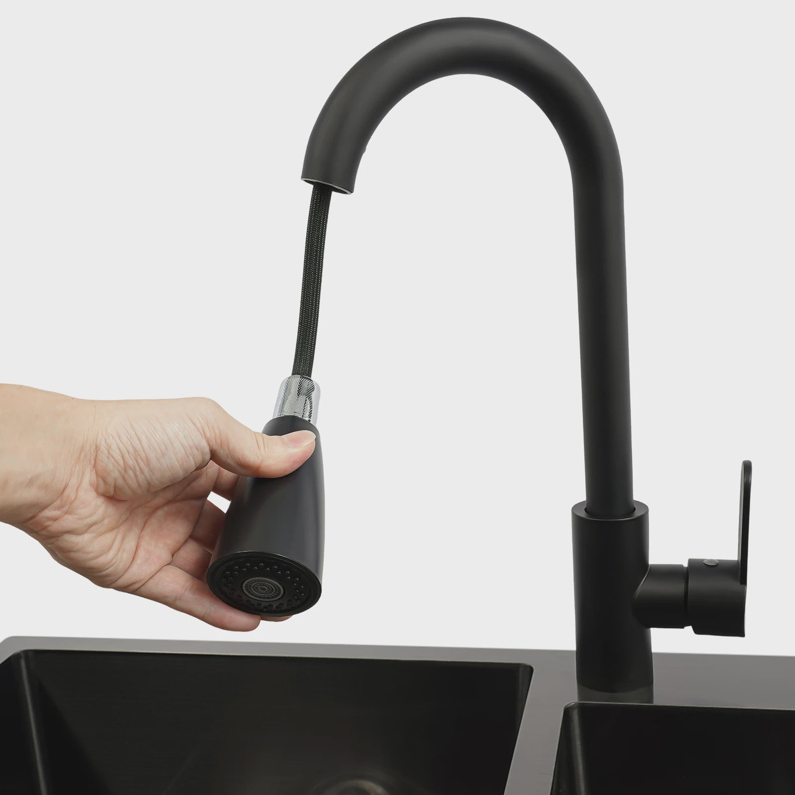 Dubbele RVS Spoelbak met Zwart Wastafelmeubel - Vrijstaand 30-Inch
