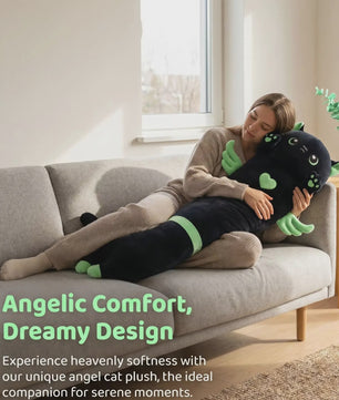 Kawaii Zwarte Kat Pluche Knuffelkussen met Vleugels - Extra Lang Slaapkussen voor Bank of Bed