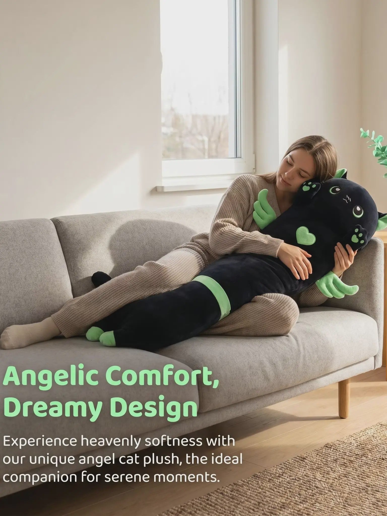 Kawaii Zwarte Kat Pluche Knuffelkussen met Vleugels - Extra Lang Slaapkussen voor Bank of Bed