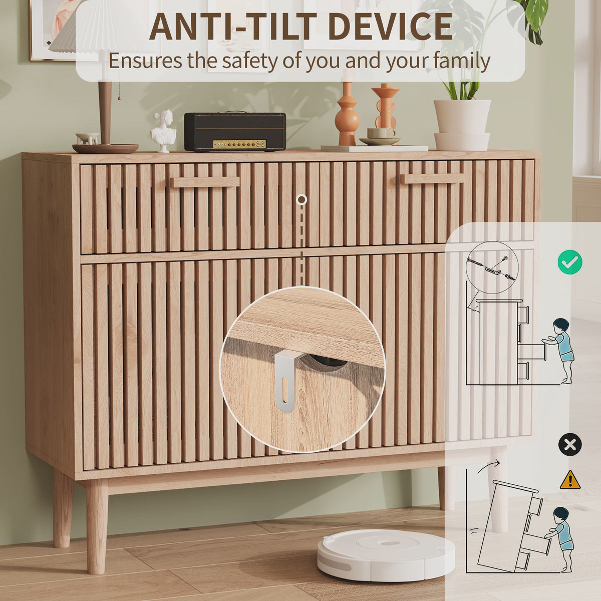 Simurq Sideboard / Buffetkast 100x35x80cm - 2 Lades, 2 Deuren, Massief Houten Poten & Lamellenpanelen