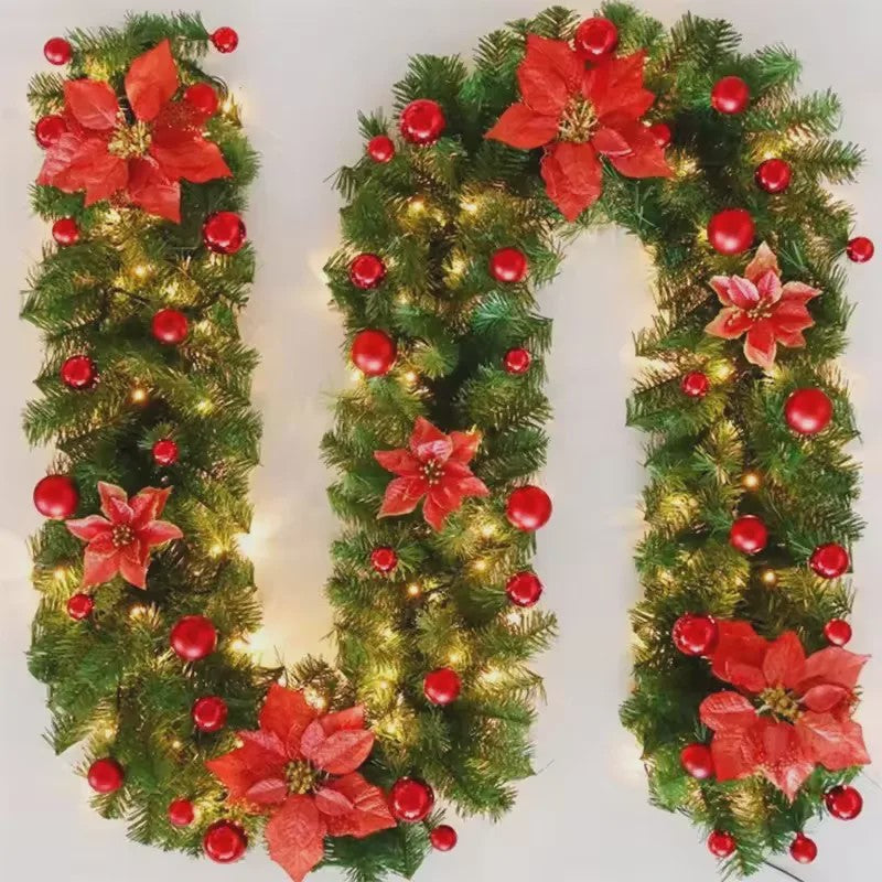 Luxe Kerstguirlande 2.7m met LED Verlichting, Poinsettia en Ballen