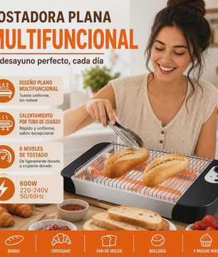 Multifunctionele Platte Broodrooster 600W met 6 Toastniveaus, Kwartslampen en Kruimellade - Ideaal voor Brood & Gebak