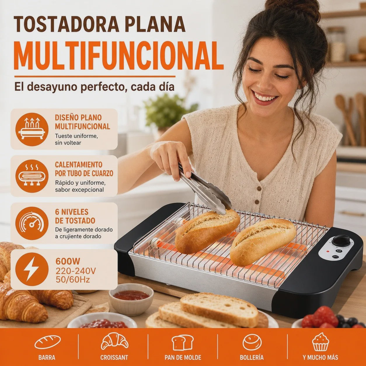 Multifunctionele Platte Broodrooster 600W met 6 Toastniveaus, Kwartslampen en Kruimellade - Ideaal voor Brood & Gebak