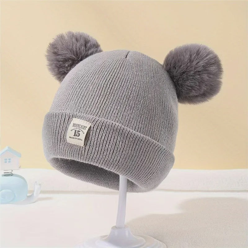 Warme Gebreide Babymuts met Dubbele Pompon - Winter Muts voor Jongens en Meisjes