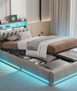 Luxe Boxspringbed met LED-verlichting, USB-poorten en Opbergruimte - Velvet Stof